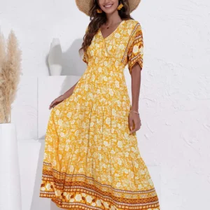 WD418 Elegant Long Floral Viscose Maxi Boho Dress