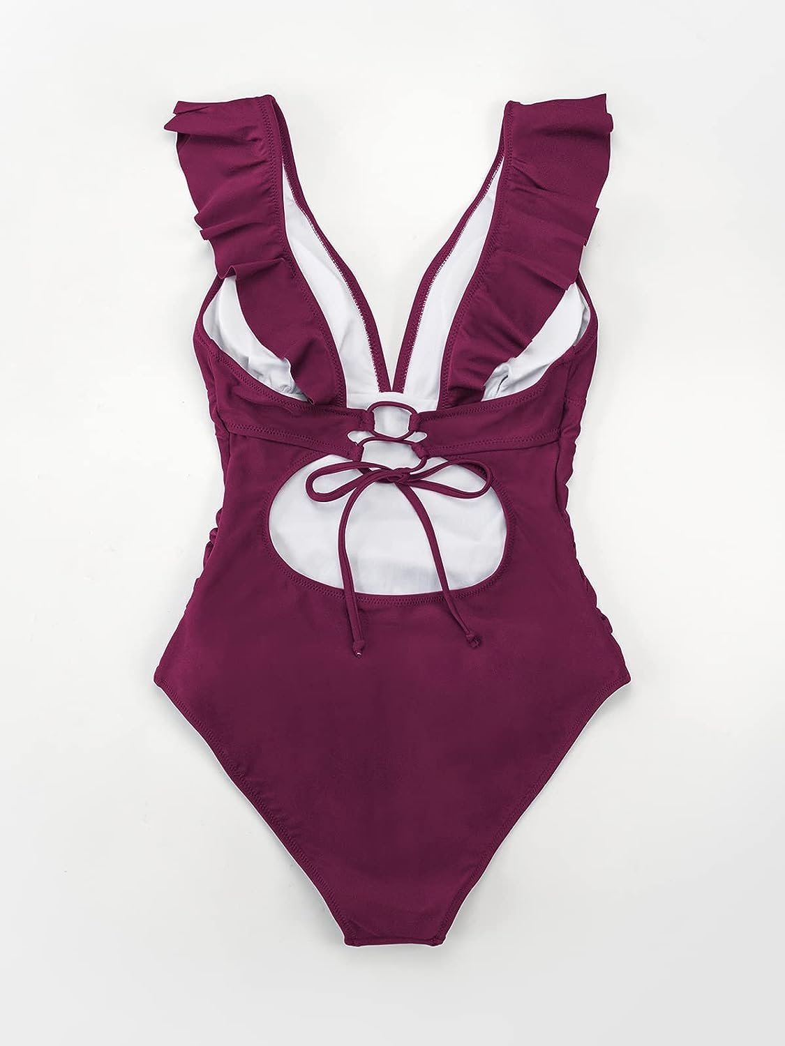 WBW303 Ruffled One Piece Swimsuit V Neck Lace Up - Image 11