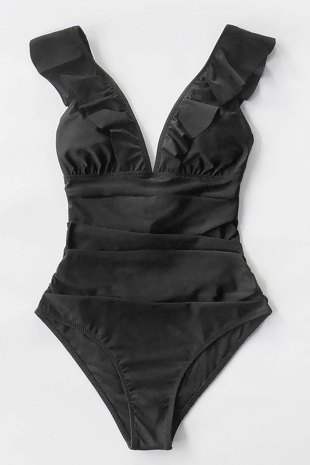 WBW303 Ruffled One Piece Swimsuit V Neck Lace Up - Image 6
