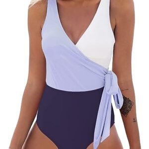 WBW309 One Piece  Wrap Color Block Tie Side Swimsuit