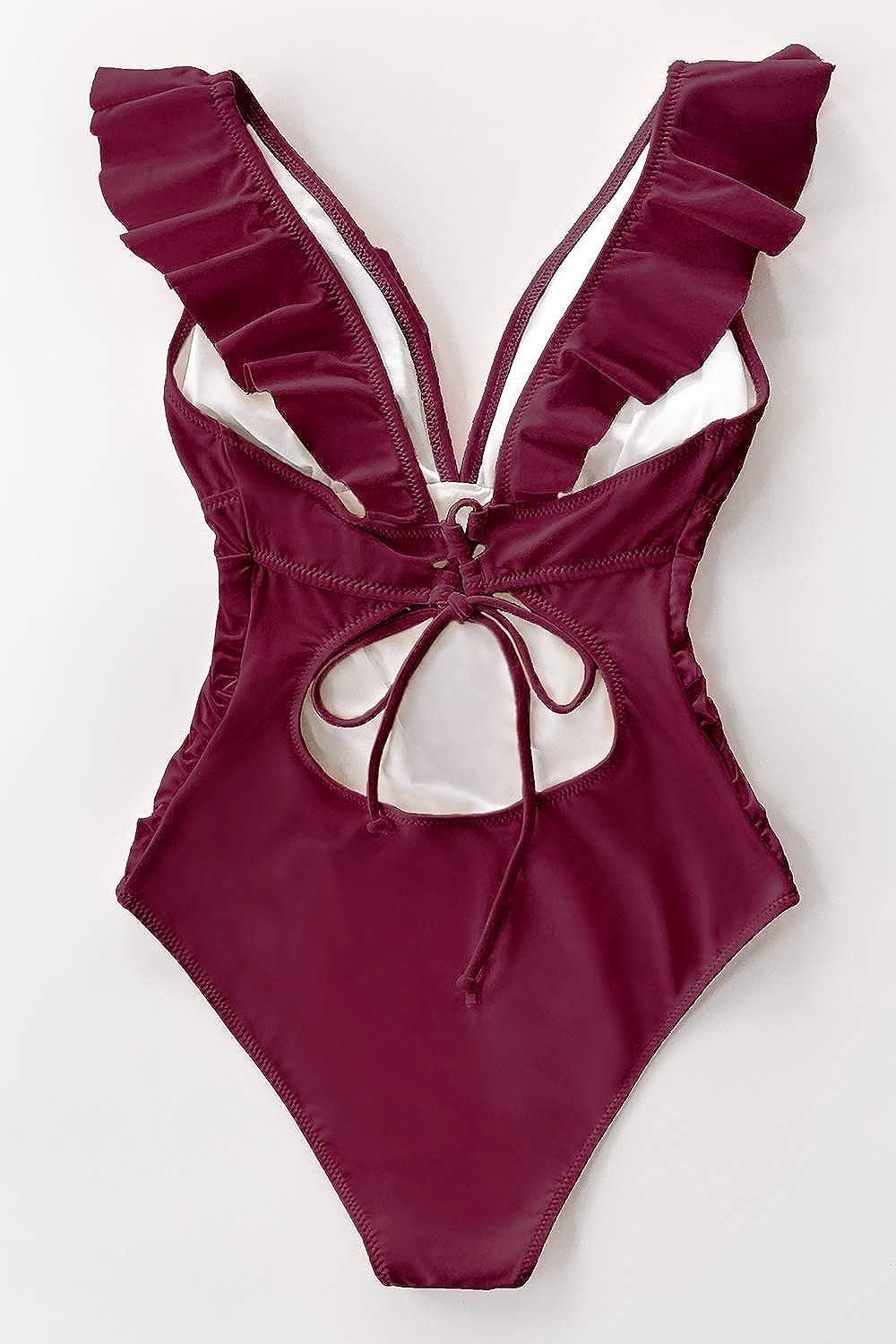 WBW303 Ruffled One Piece Swimsuit V Neck Lace Up - Image 17