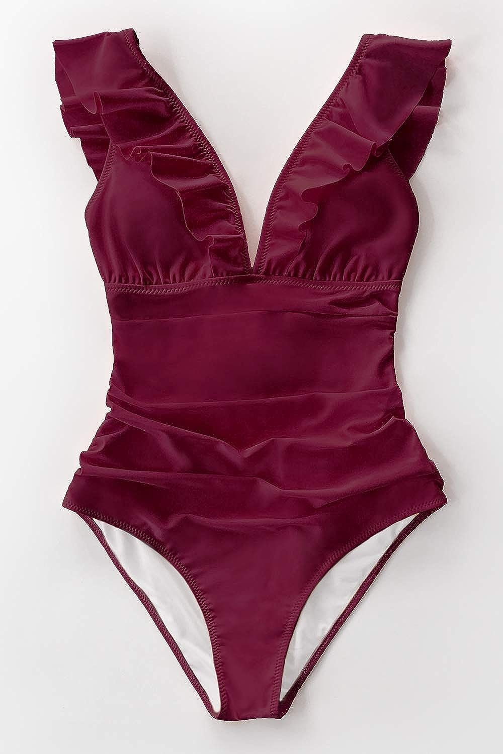 WBW303 Ruffled One Piece Swimsuit V Neck Lace Up - Image 16