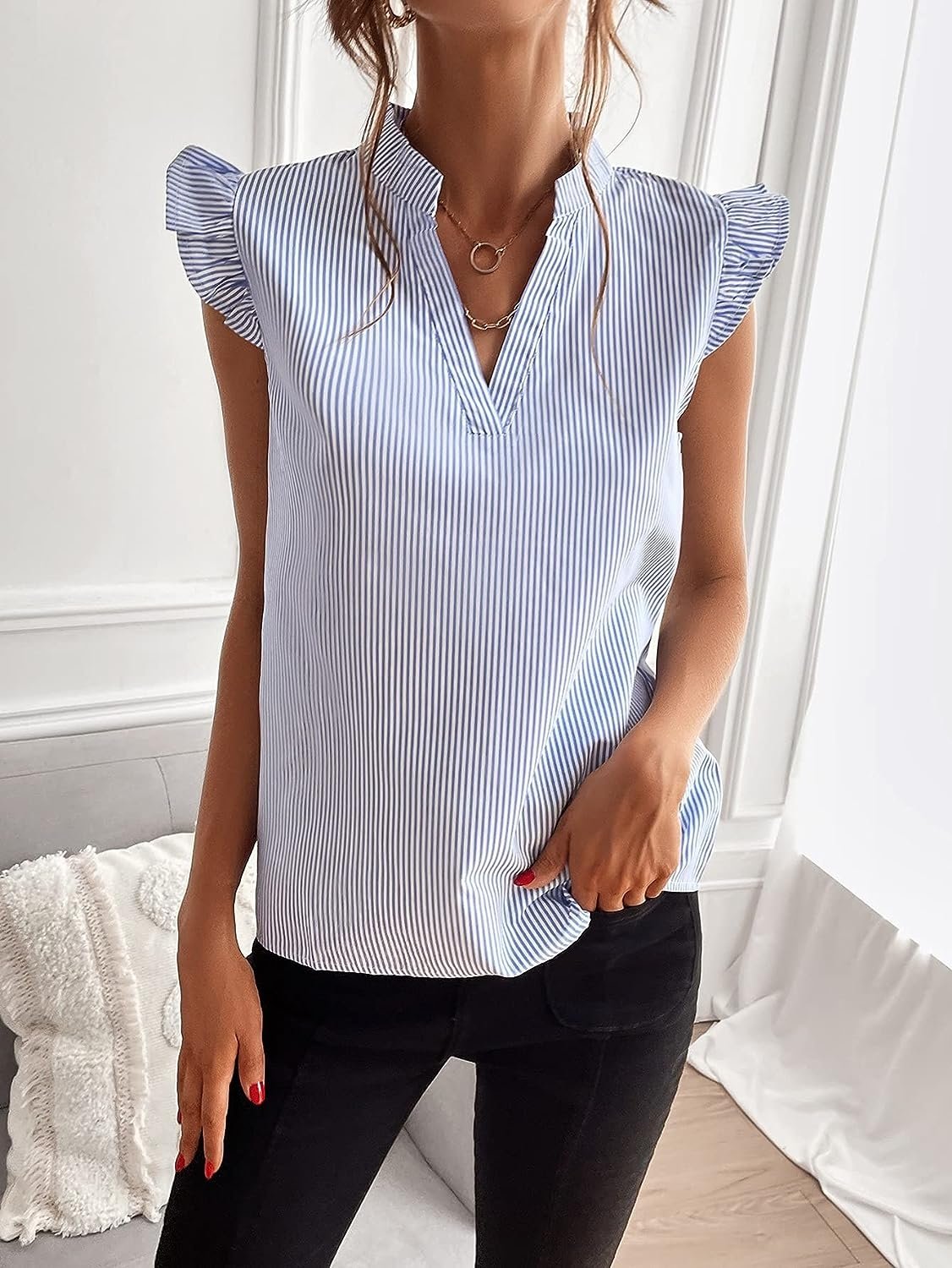 WD432 Women's V Neck Ruffle Cap Sleeve Blouse - Image 5