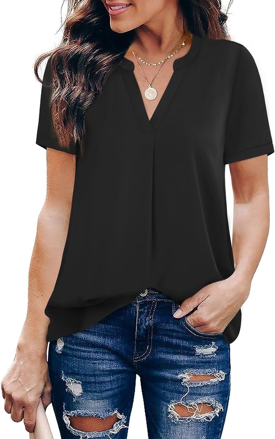 WD445 Women's V Neck Short Sleeve Curved Shirts Tops - Image 2
