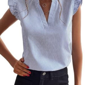 WD432 Women's V Neck Ruffle Cap Sleeve Blouse