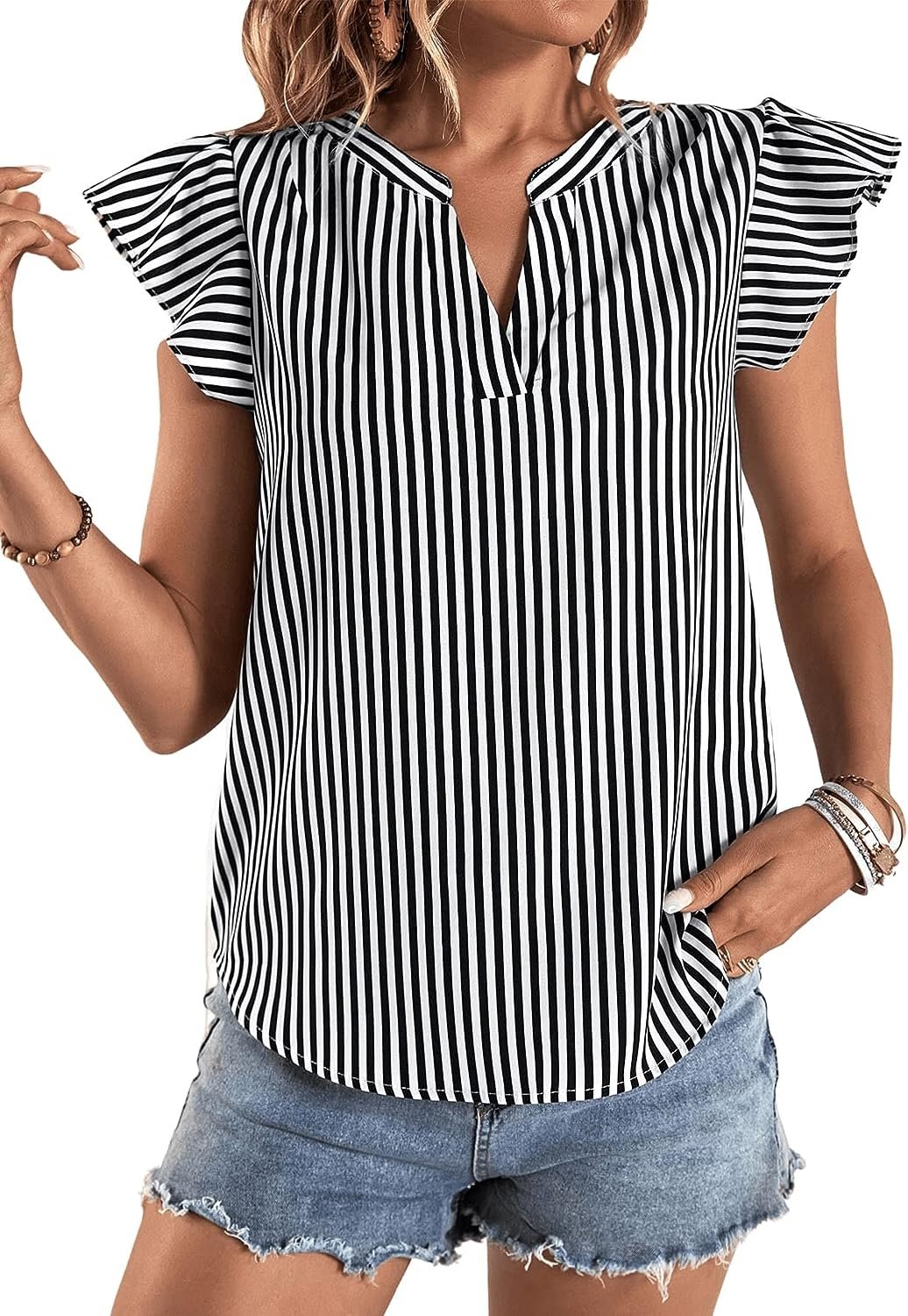 WD432 Women's V Neck Ruffle Cap Sleeve Blouse - Image 13