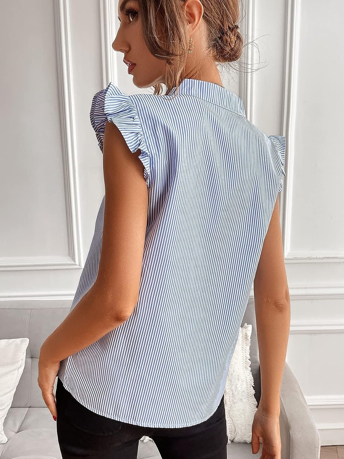 WD432 Women's V Neck Ruffle Cap Sleeve Blouse - Image 2