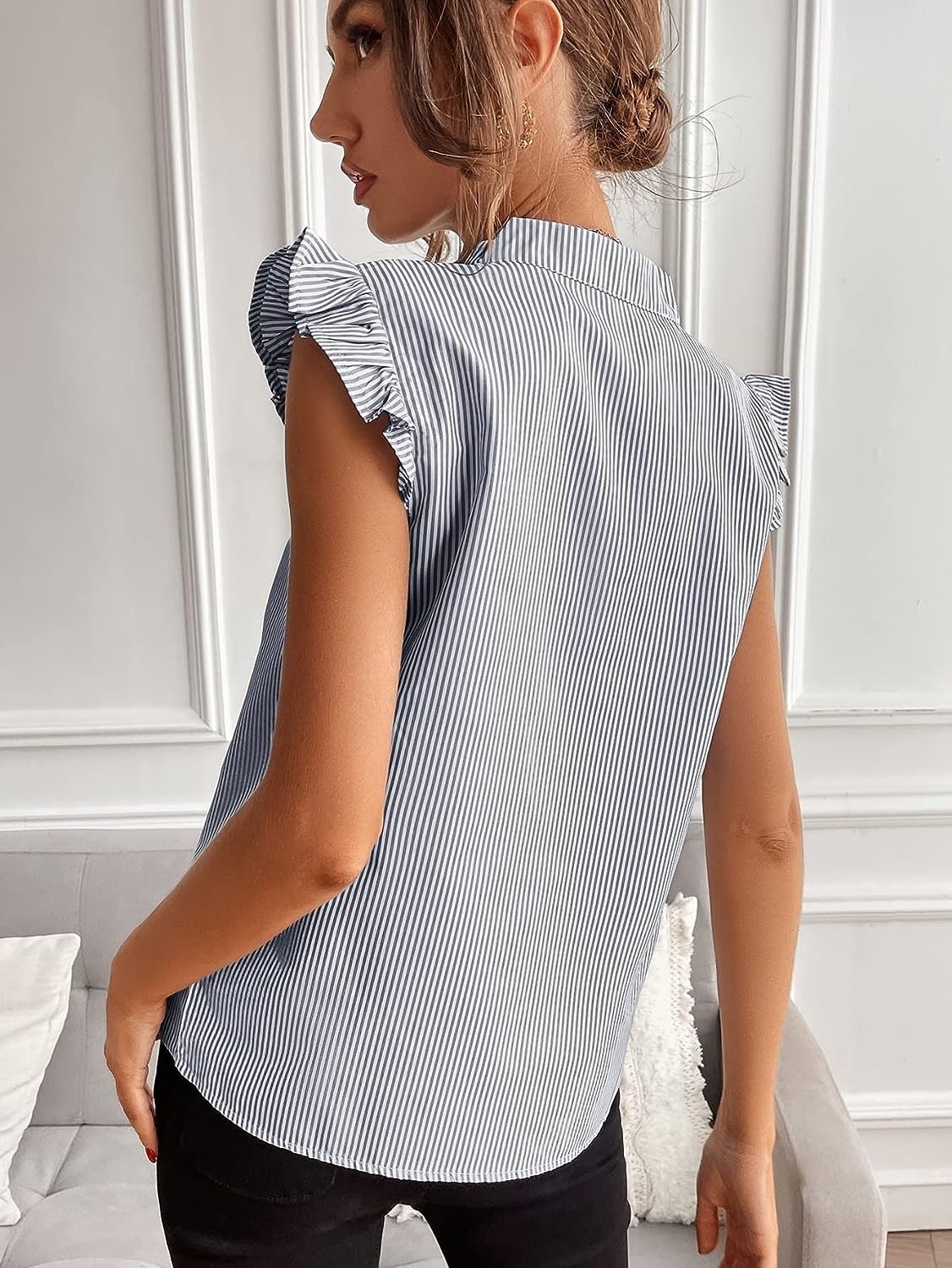 WD432 Women's V Neck Ruffle Cap Sleeve Blouse - Image 7