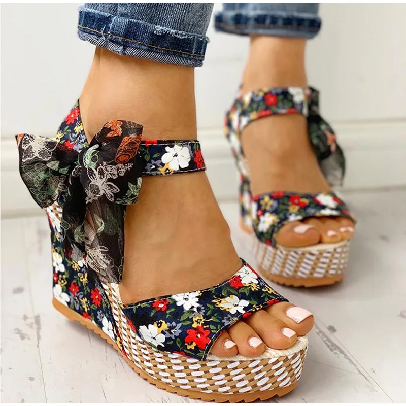WF021 Ladies Summer Beach Boho Floral Wedge Sandals