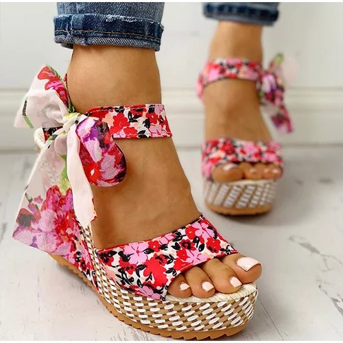 WF021 Ladies Summer Beach Boho Floral Wedge Sandals