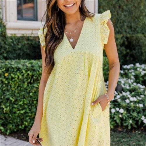 WD430 Lace Stitching Hollow V-neck Dress - Image 4