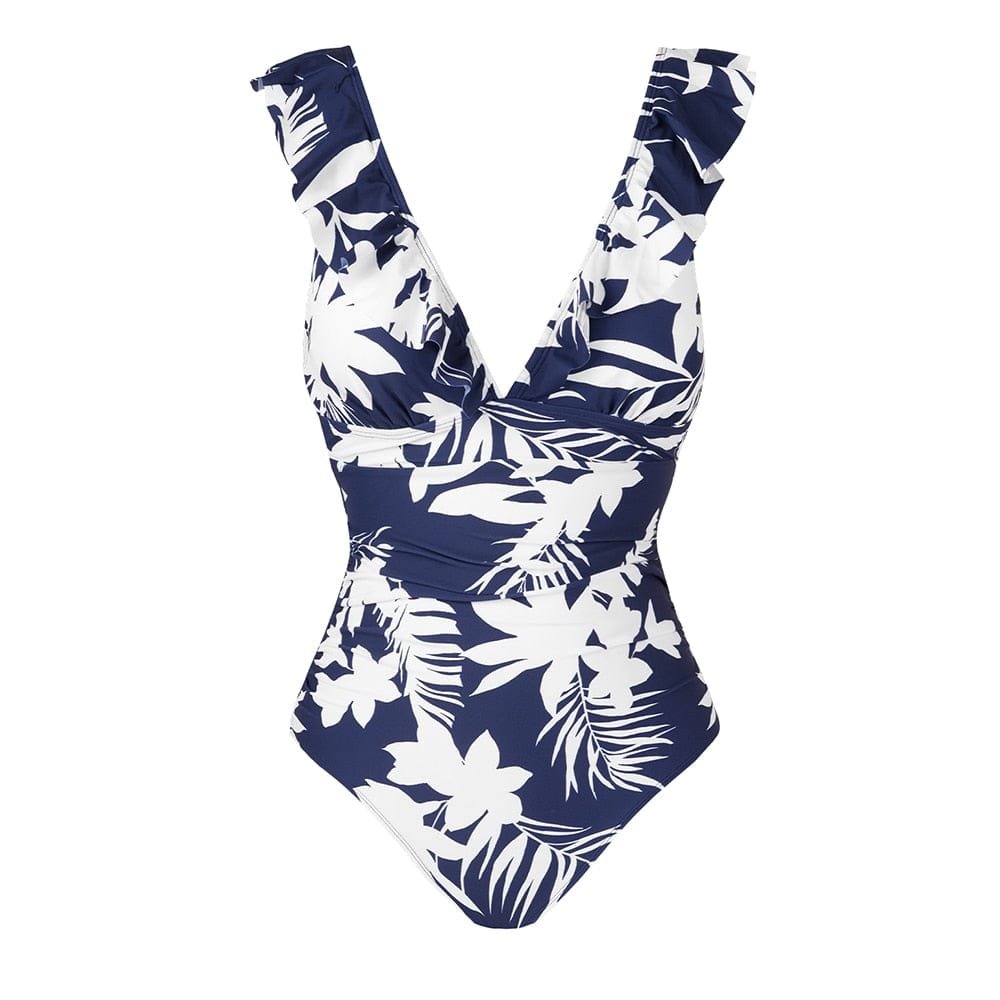 WBW303 Ruffled One Piece Swimsuit V Neck Lace Up - Image 2