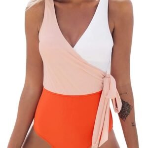 WBW309 One Piece  Wrap Color Block Tie Side Swimsuit