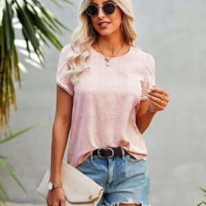 WD434 Casual Neck Lace Crochet Short Sleeve Blouses