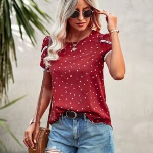 WD434 Casual Neck Lace Crochet Short Sleeve Blouses