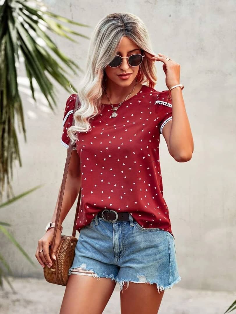 WD434 Casual Neck Lace Crochet Short Sleeve Blouses - Image 2
