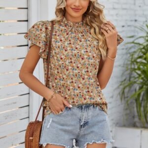 WD438 Ruffle Sleeve Leopard Printed Casual T Shirt