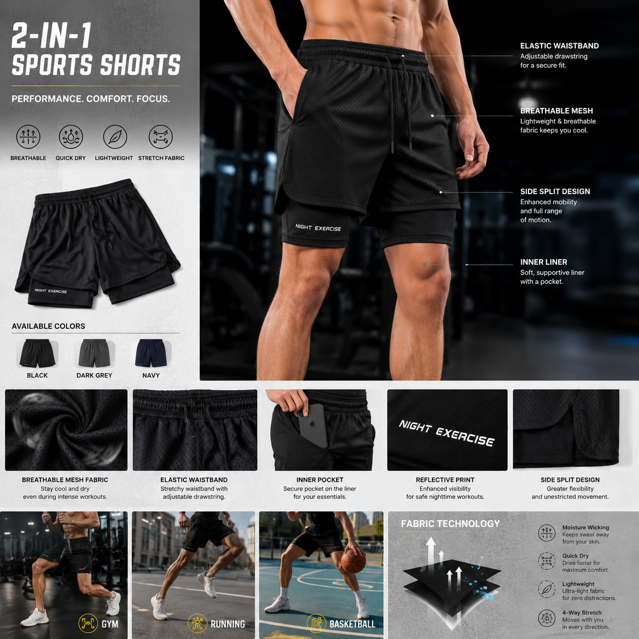 Men's Sports Shorts with Compression Liner – Breathable Gym & Running Shorts (MU004) - Image 5