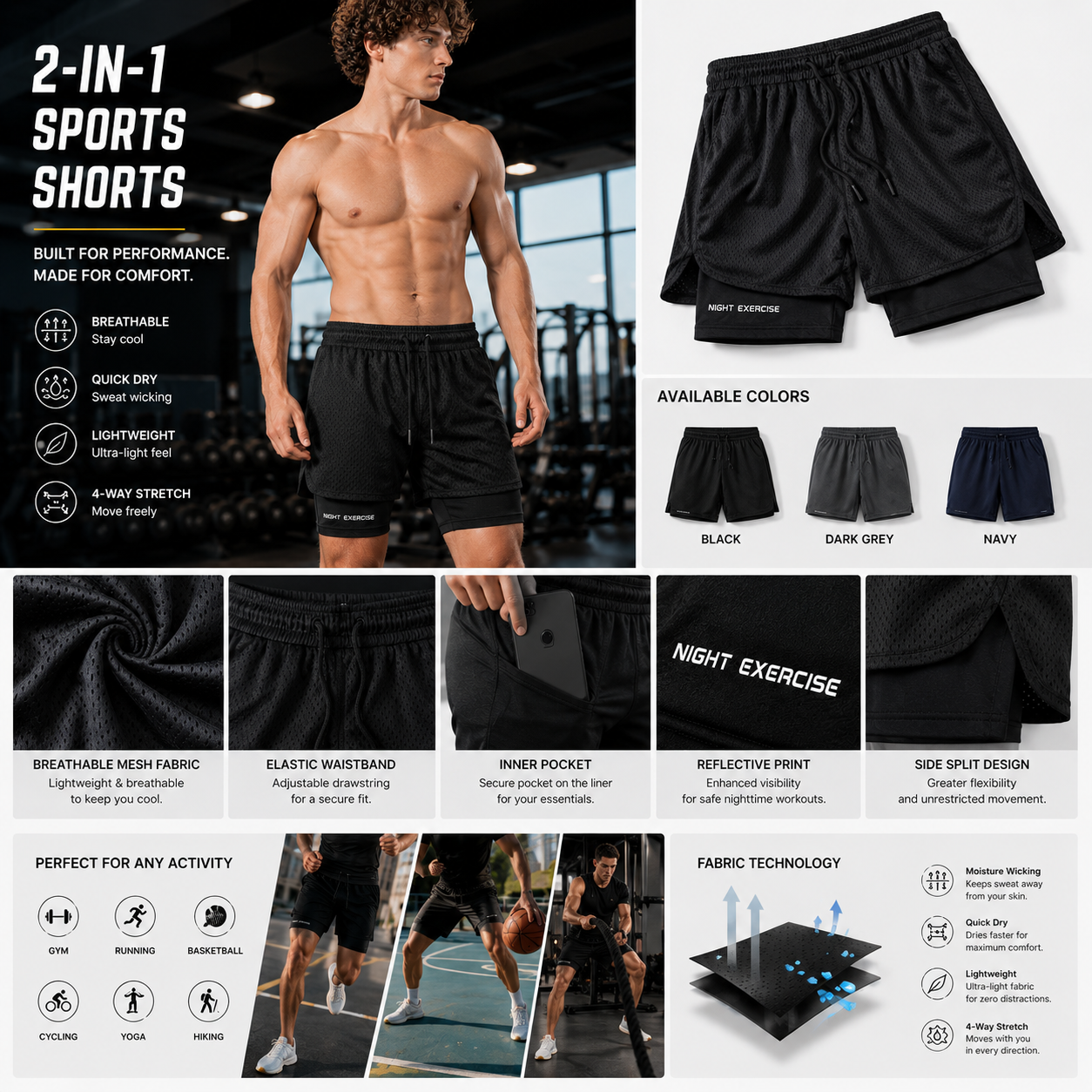 Men's Sports Shorts with Compression Liner – Breathable Gym & Running Shorts (MU004) - Image 4