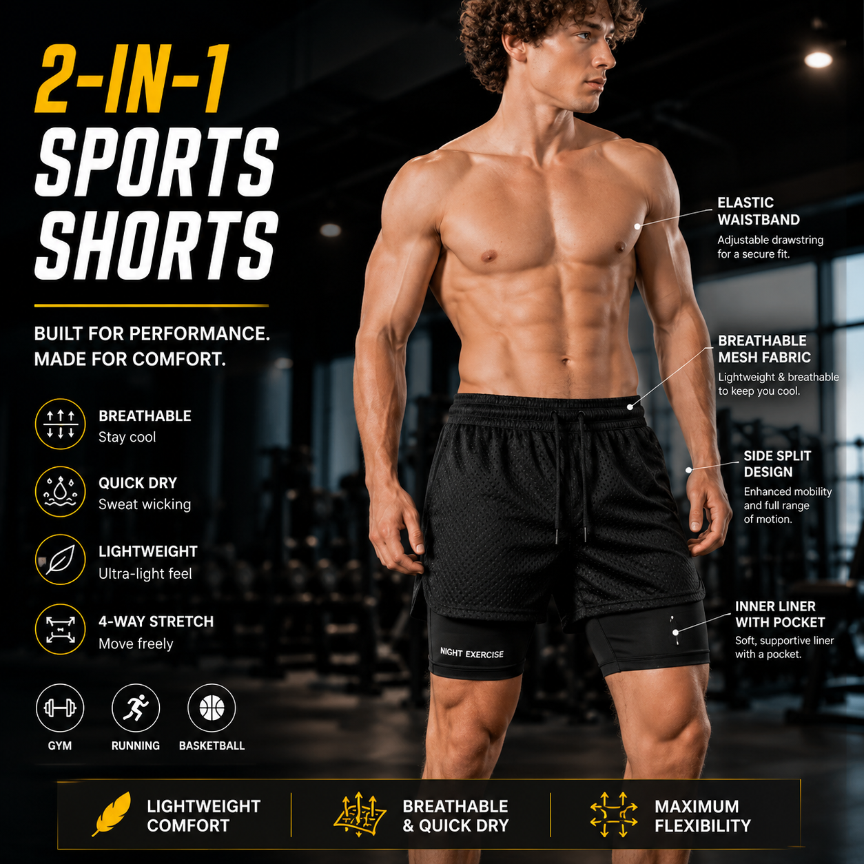 Men's Sports Shorts with Compression Liner – Breathable Gym & Running Shorts (MU004) - Image 3