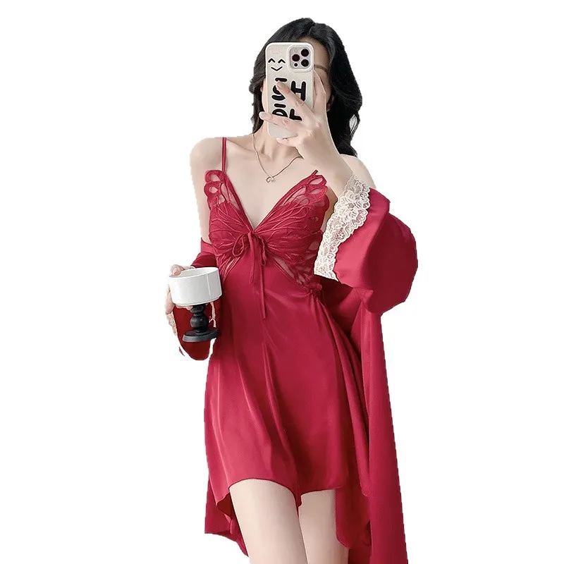 2025 New Ice Silk Sleepwear Women Butterfly Knot Hollow out Back Pure Desire High-End Thin Home Clothes Two-Piece Set - Image 5