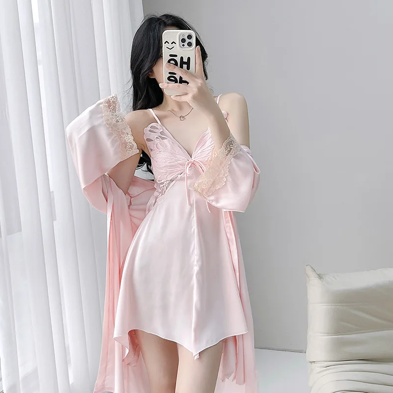 2025 New Ice Silk Sleepwear Women Butterfly Knot Hollow out Back Pure Desire High-End Thin Home Clothes Two-Piece Set - Image 2